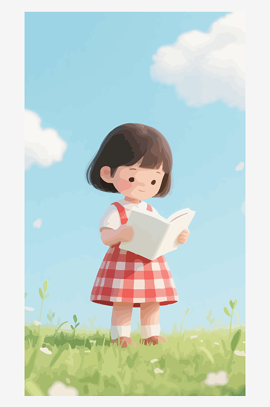 Q版矢量女孩坐在树桩上看书插画