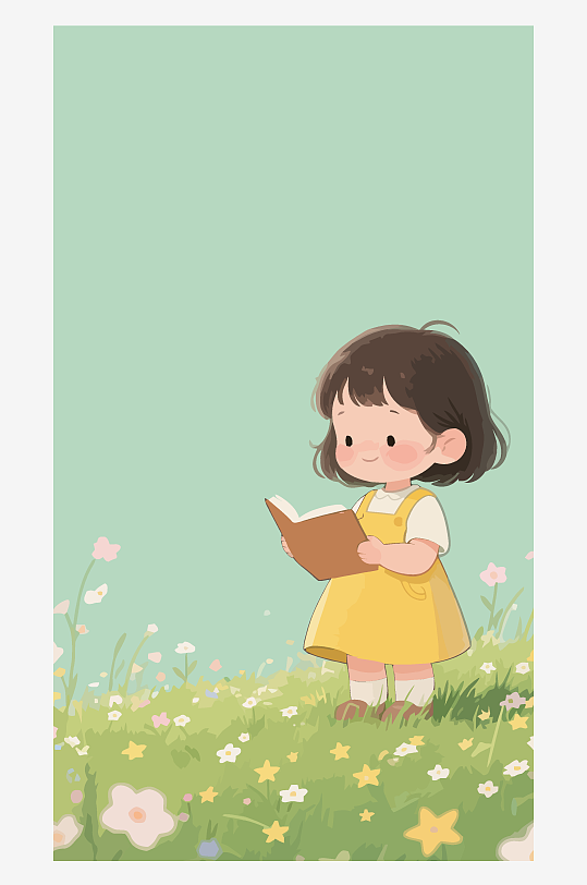 Q版矢量女孩站在草地上看书插画元素