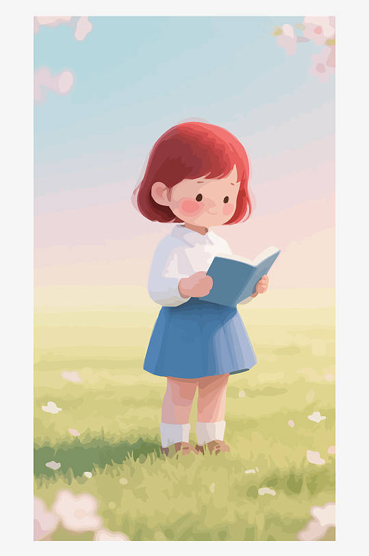 Q版矢量女孩站在草地上看书插画元素