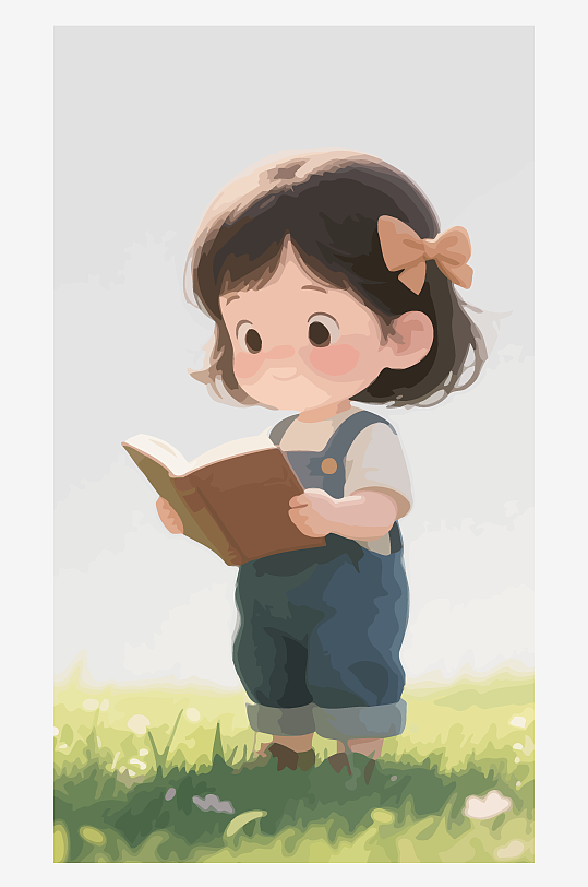 Q版矢量女孩站在草地上看书插画元素