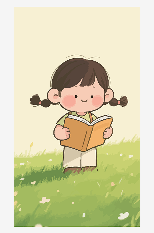 Q版矢量女孩站在草地上看书插画元素