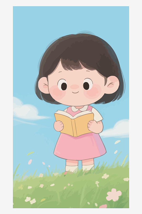 Q版矢量女孩站在草地上看书插画元素