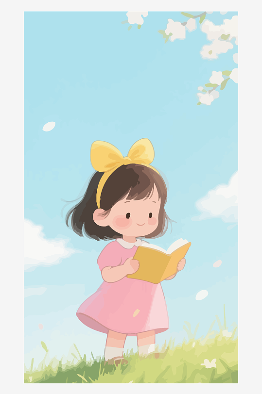 Q版矢量女孩站在草地上看书插画元素