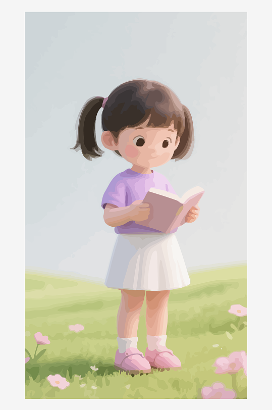 Q版矢量女孩站在草地上看书插画元素