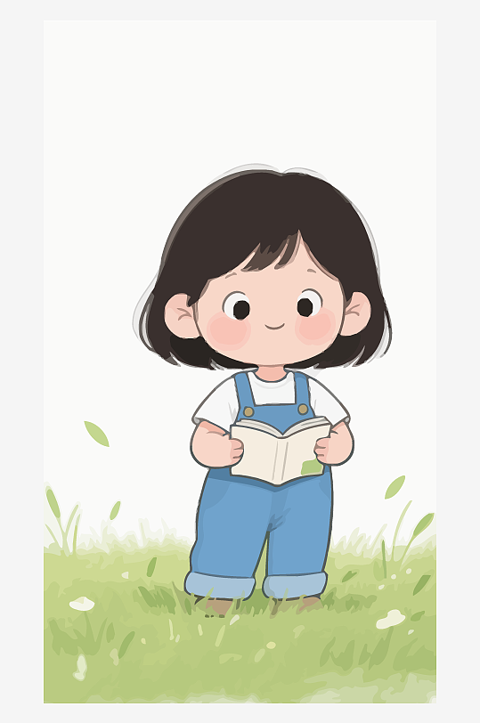 Q版矢量女孩站在草地上看书插画元素