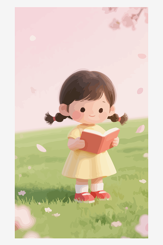 Q版矢量女孩站在草地上看书插画元素