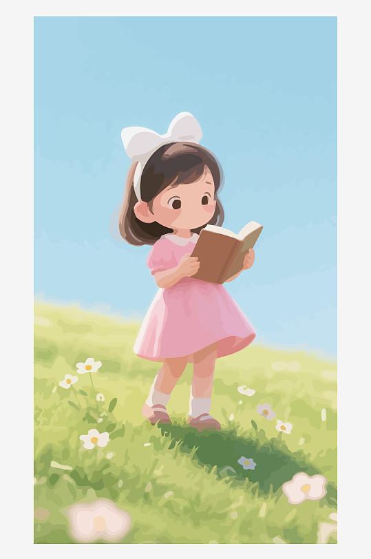 Q版矢量女孩站在草地上看书插画元素