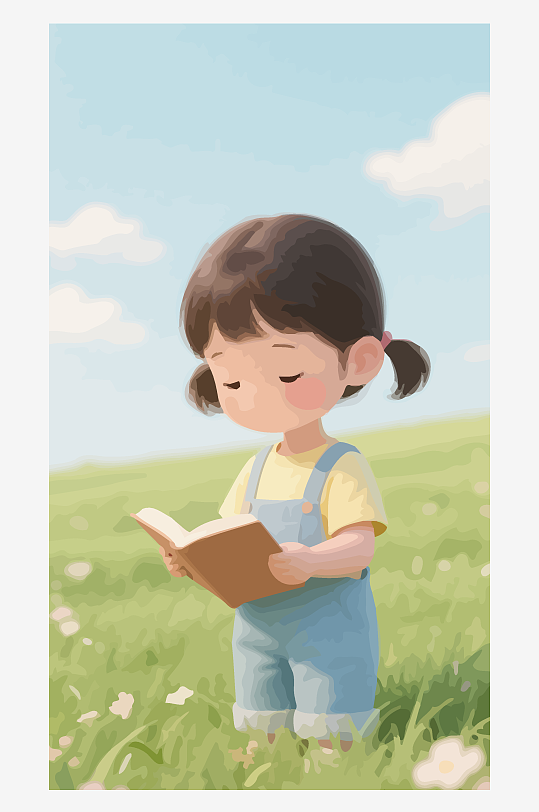 Q版矢量女孩站在草地上看书插画元素