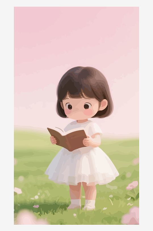 Q版矢量女孩站在草地上看书插画元素