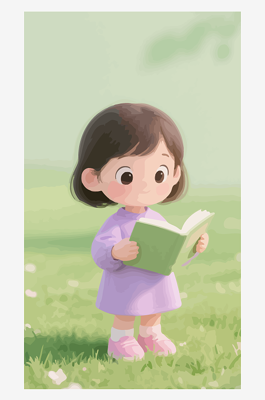 Q版矢量女孩站在草地上看书插画元素