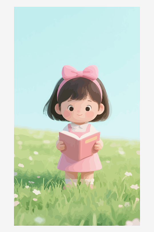 Q版矢量女孩站在草地上看书插画元素