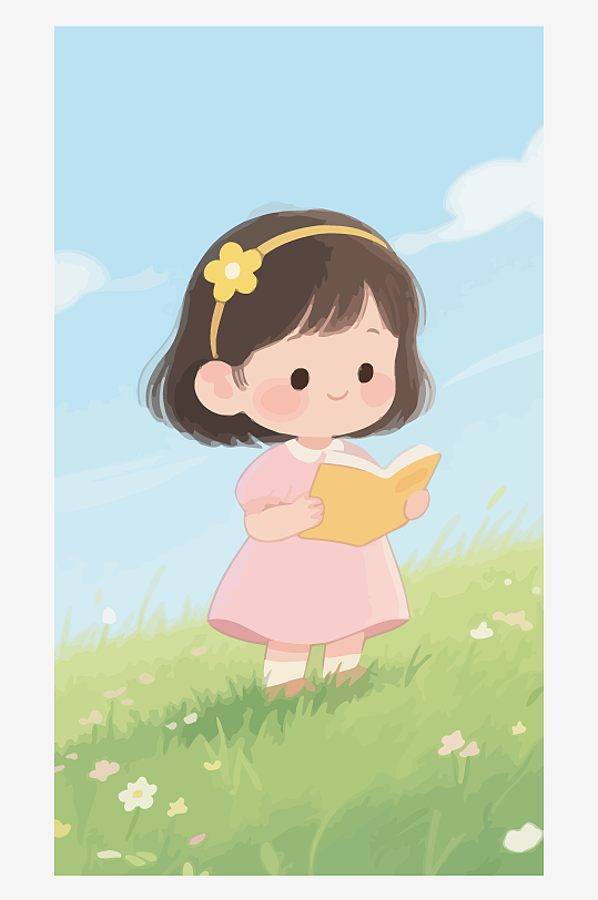 Q版矢量女孩站在草地上看书插画