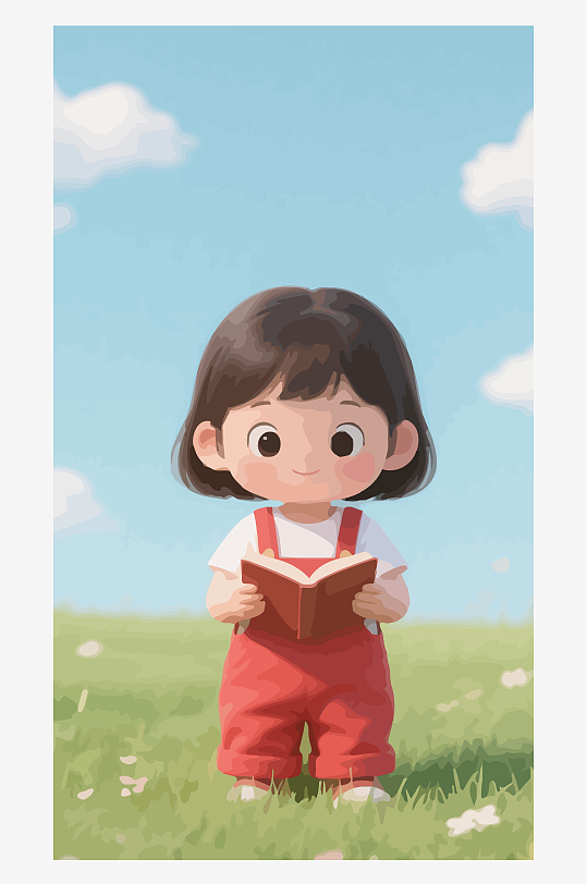 Q版矢量女孩站在草地上看书插画