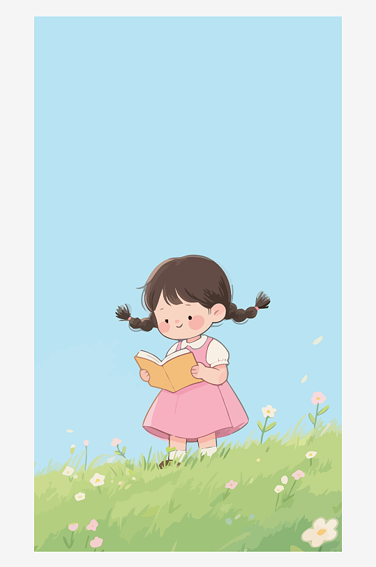 Q版矢量女孩站在草地上看书插画
