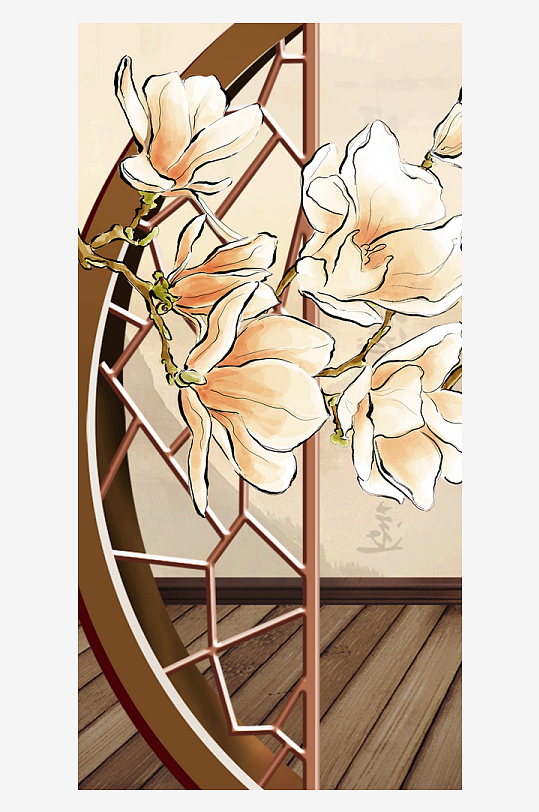 花枝中式装饰画挂画-众图网