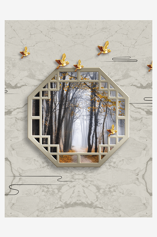 飞鸟意境风景画中式装饰画-众图网