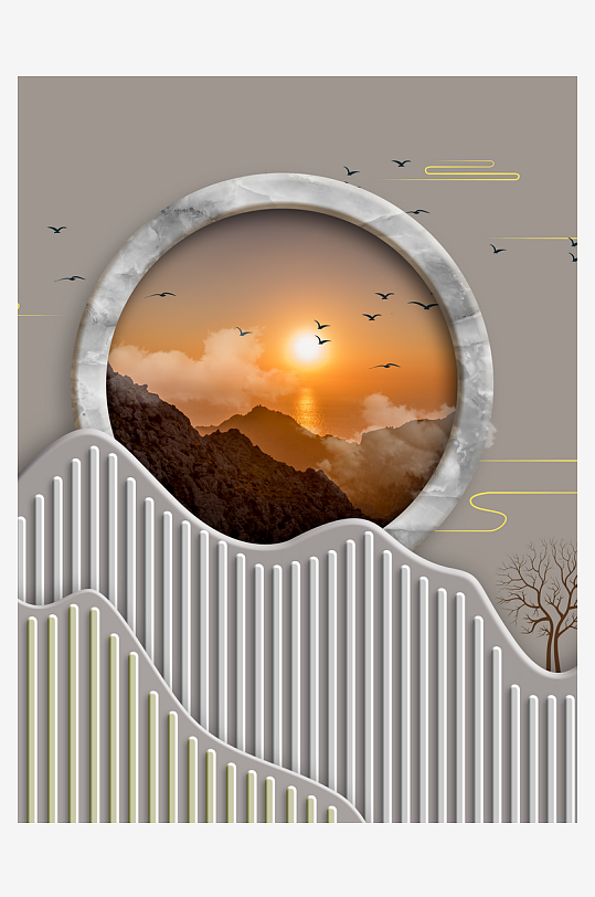 飞鸟意境风景画中式装饰画-众图网