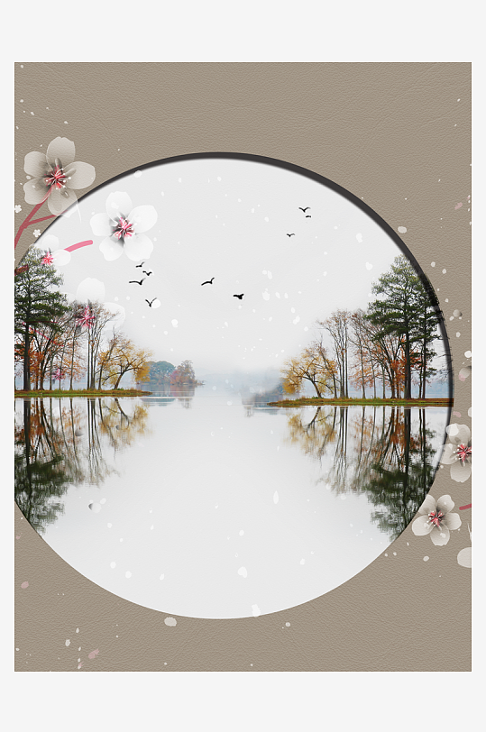 飞鸟意境风景画中式装饰画-众图网