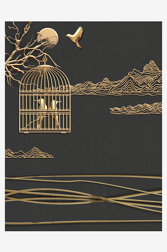 中式飞鸟风景画装饰画-众图网