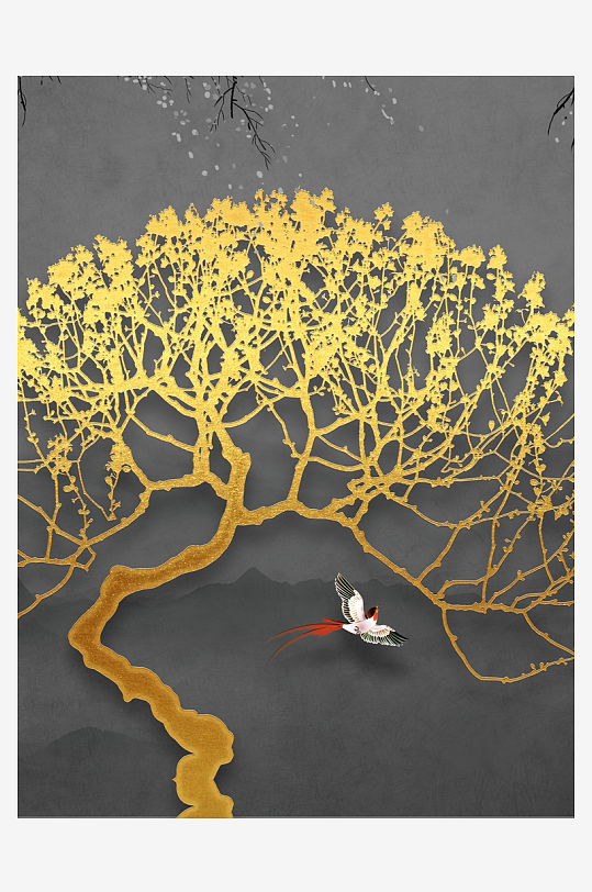 中式飞鸟风景画装饰画-众图网