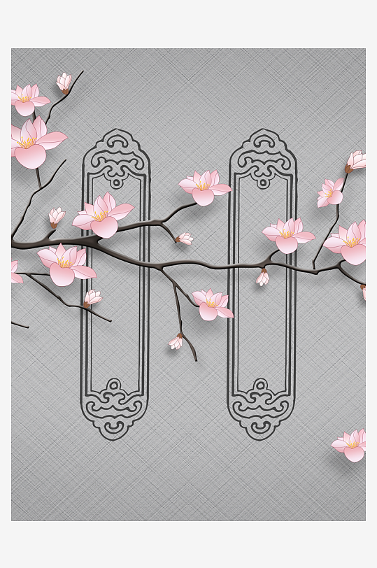 粉色花卉花枝中式装饰画-众图网