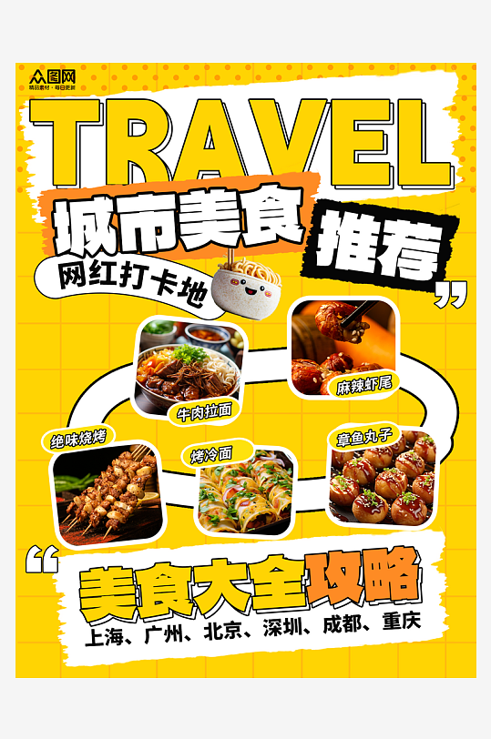 美食地图打卡路线图小红书封面海报-众图网