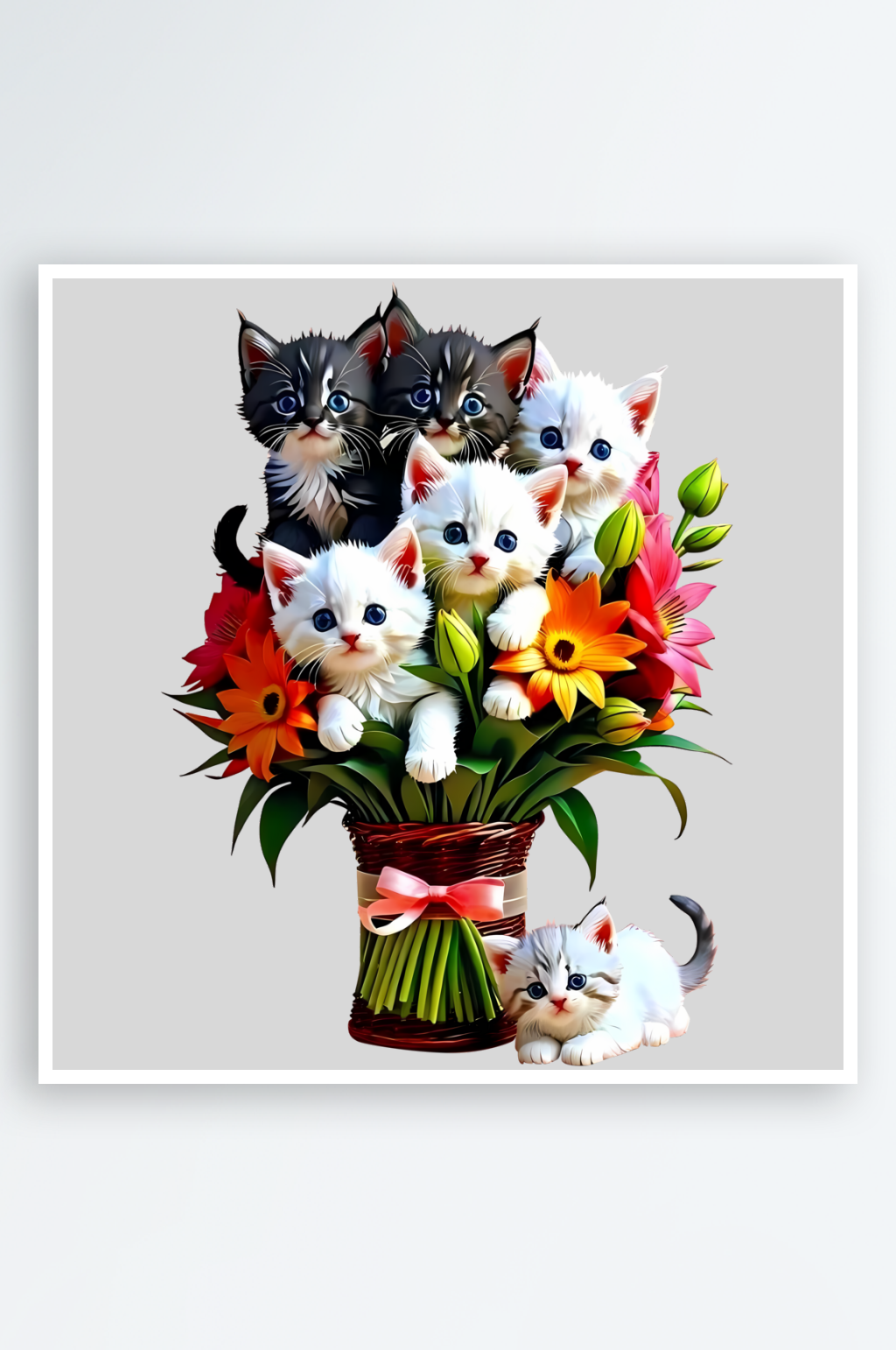六只小猫和一束鲜花素材