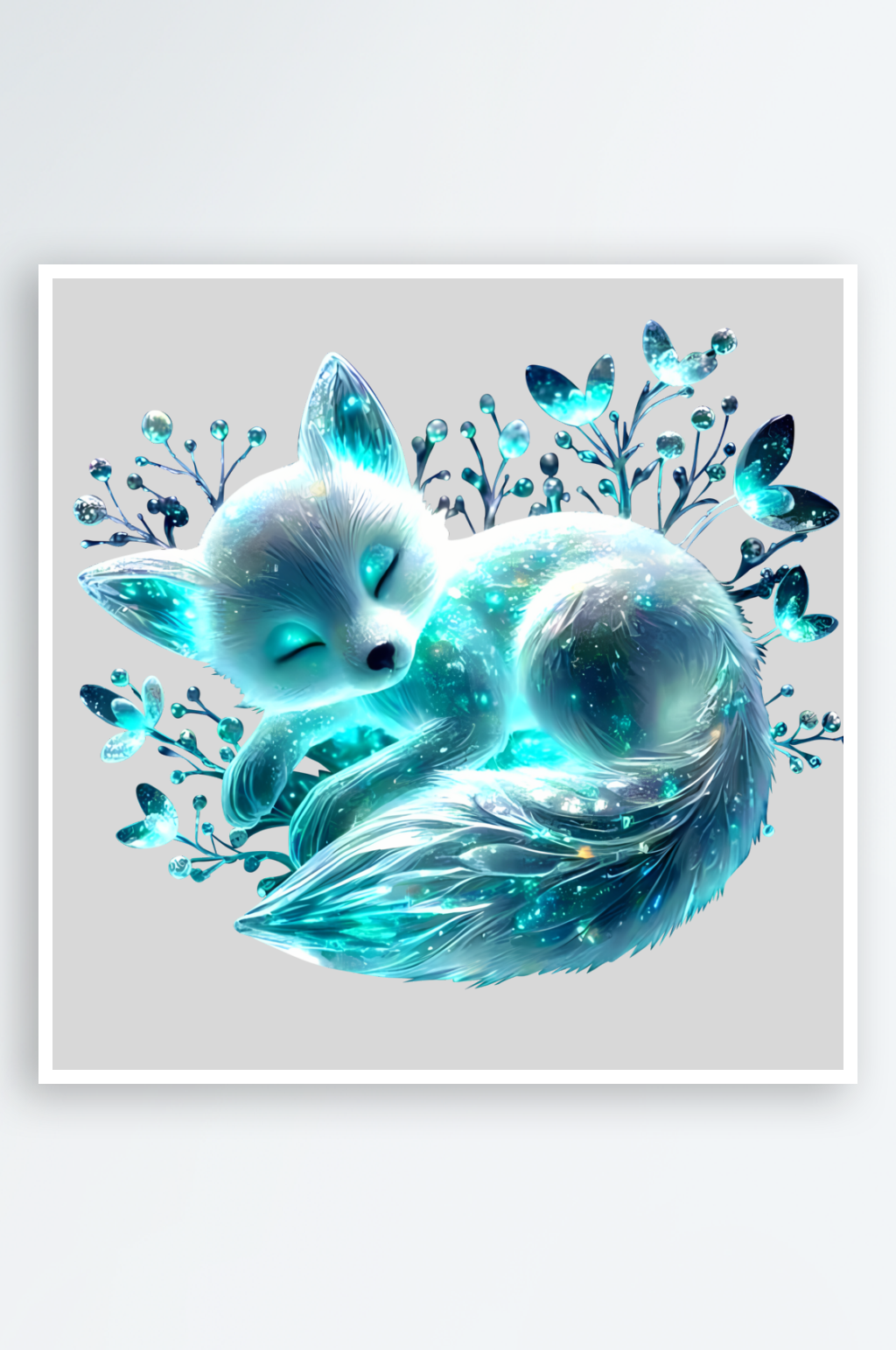 蓝色梦幻的小白狐睡觉素材