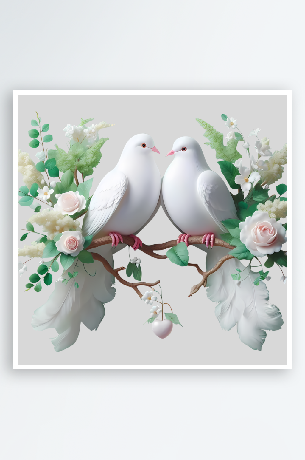 白色花丛中的两只白鸽素材