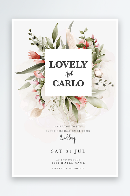 手绘水彩水粉小清新婚礼婚宴邀请函设计-众图网