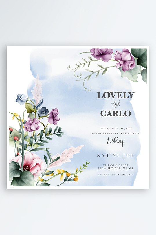 手绘水彩水粉小清新婚礼婚宴邀请函设计-众图网