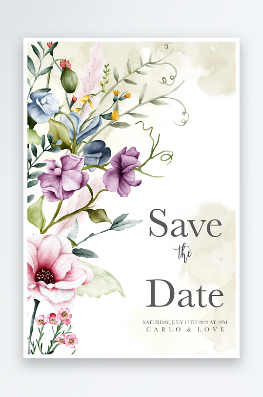 手绘水彩水粉小清新婚礼婚宴邀请函设计-众图网