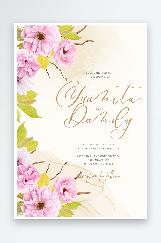 水彩水粉手绘小清新婚礼婚宴邀请函设计-众图网