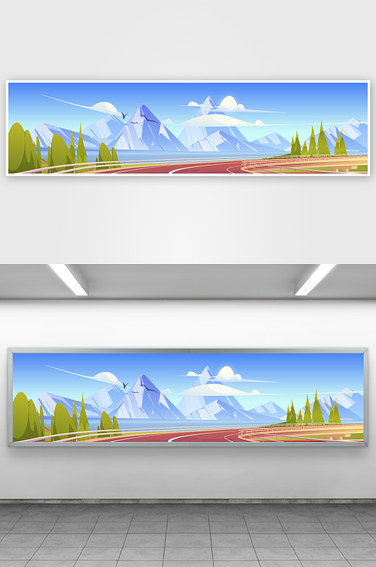 远山与公路春天风景卡通插画