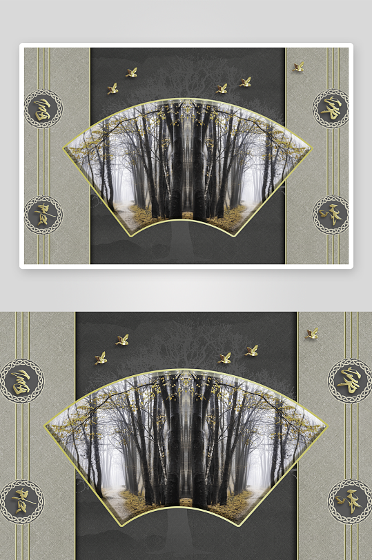 中式飞鸟风景画艺术装饰画-众图网
