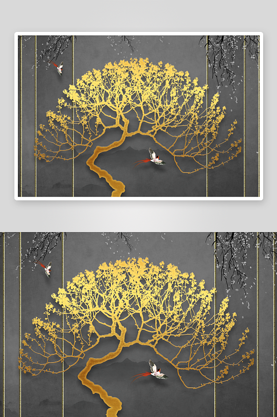 中式飞鸟风景画艺术装饰画-众图网