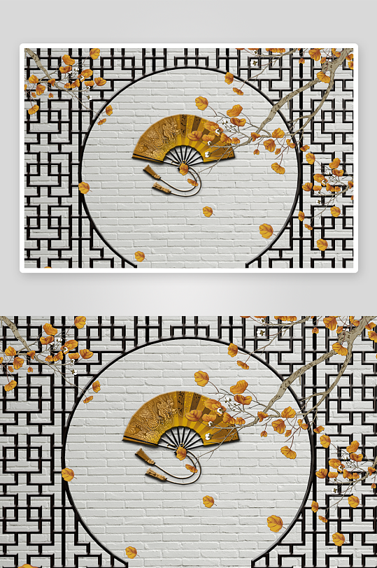 中式扇子风景画艺术装饰画-众图网
