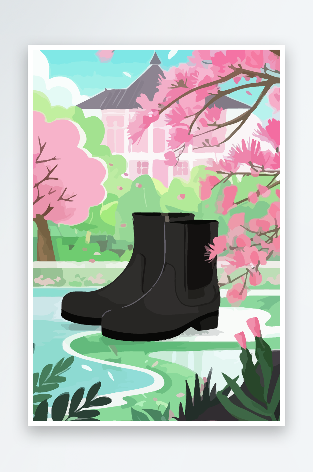 春天花朵靴子女靴矢量插画图形素材