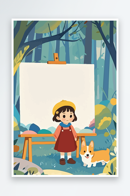 画板女孩树林矢量插画图形元素