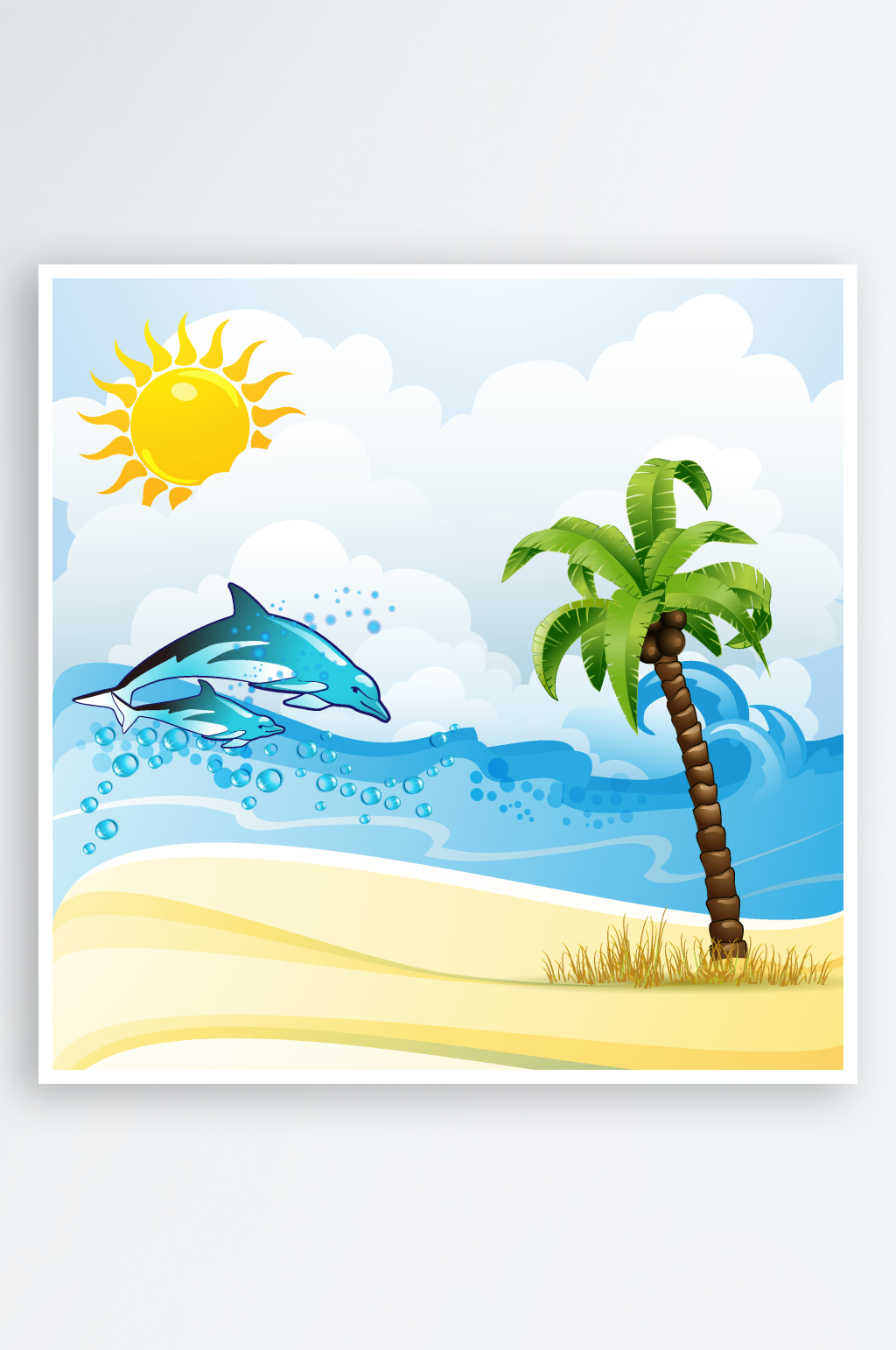 夏日海滩海豚与棕榈树素材