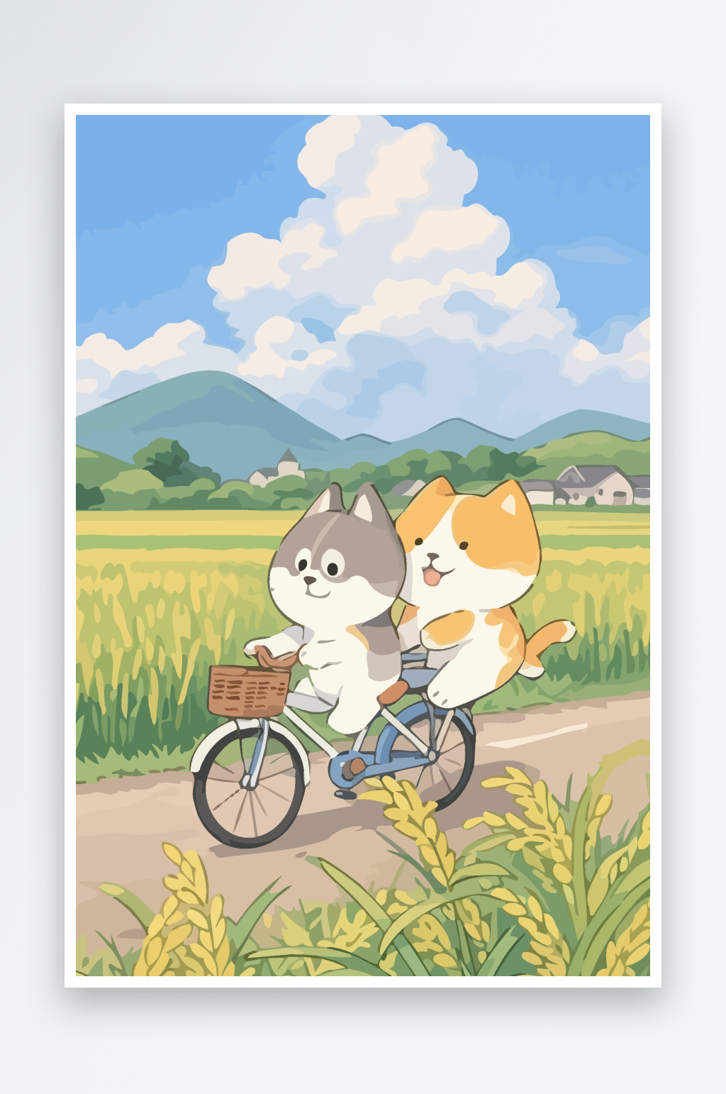 小狗在田野里带小猫骑自行车素材