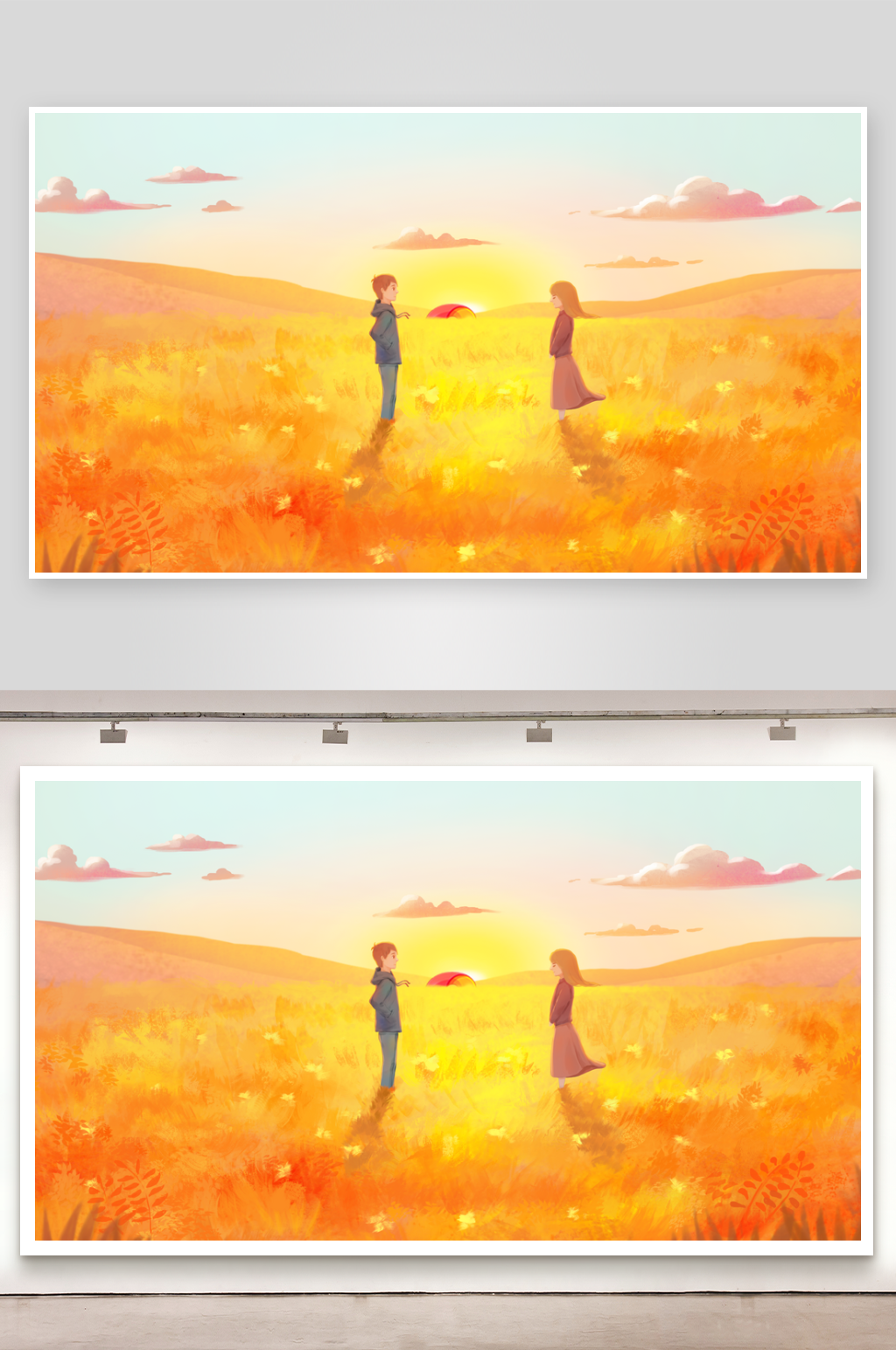 卡通风男孩女孩情侣田野草地对话插画素材素材