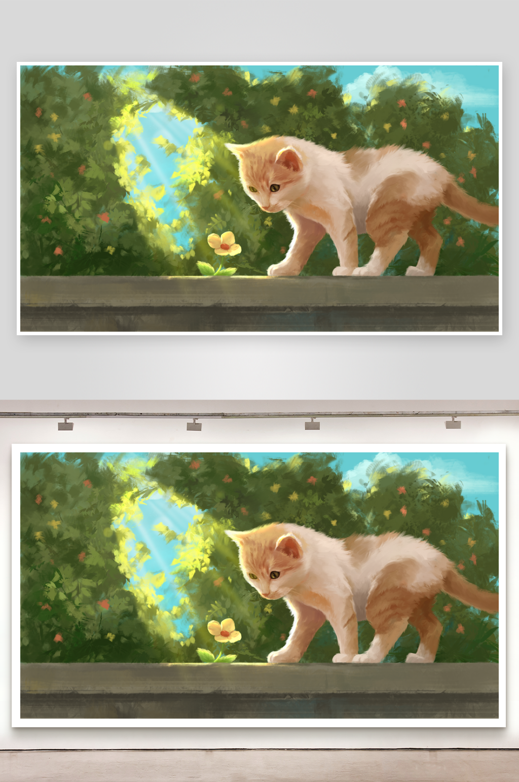 手绘风小猫咪花园场景观察花朵插画素材素材