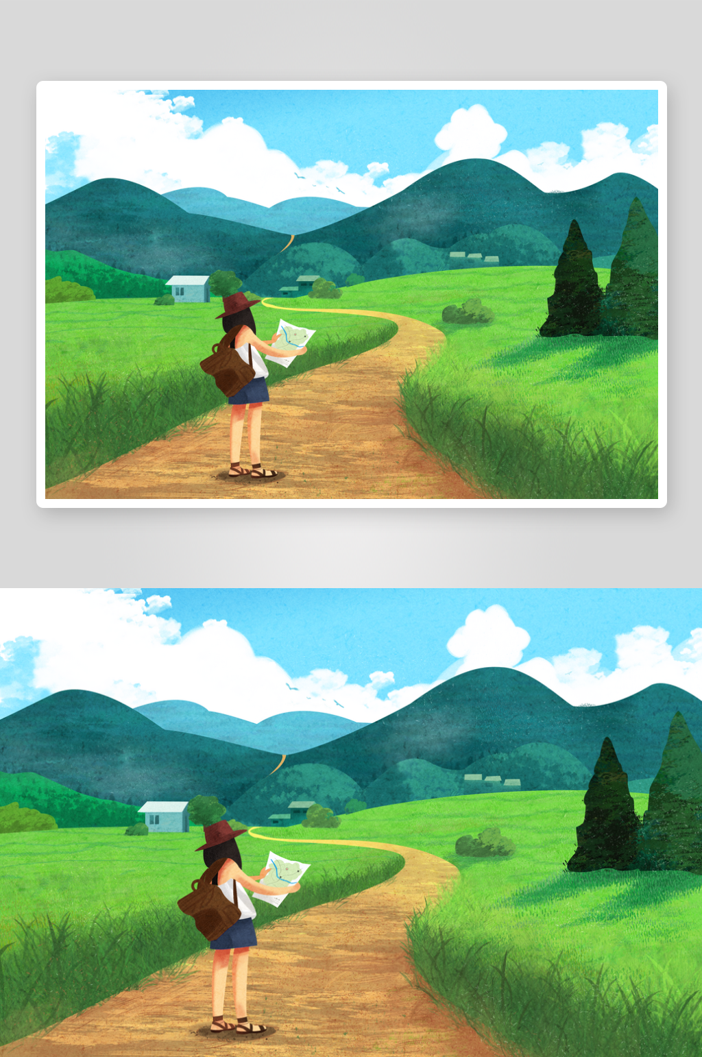 卡通风女孩少女旅人田野小路看地图插画素材素材