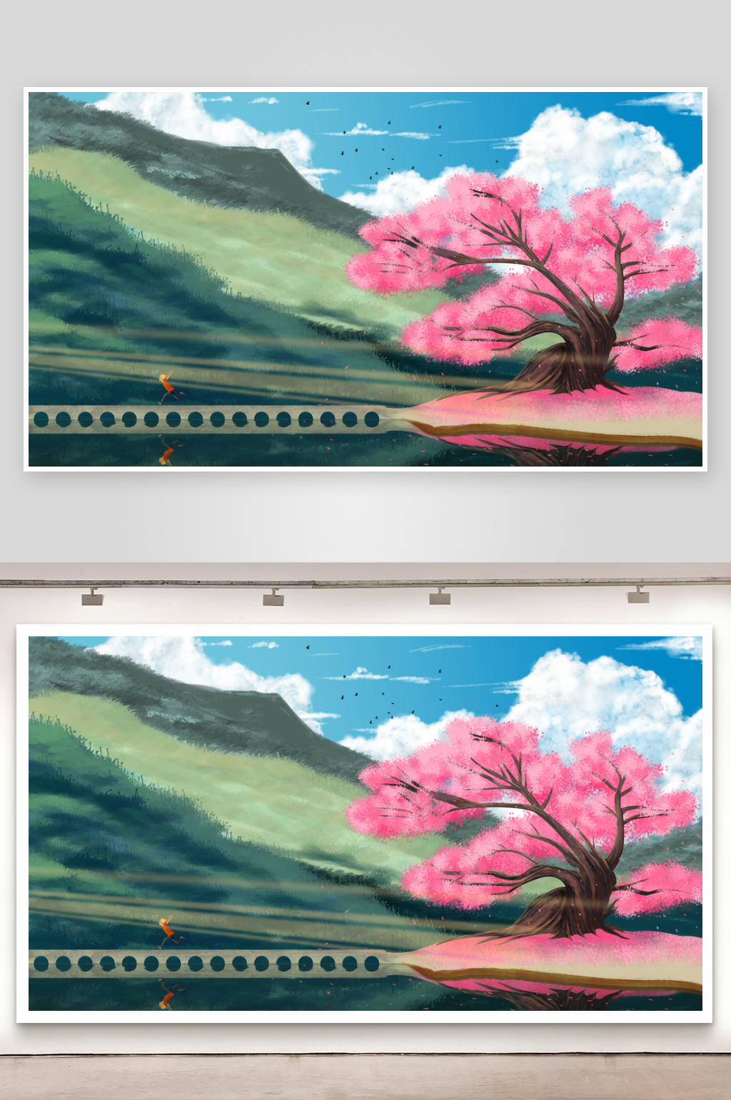 水彩风山水河畔桃花树插画素材素材