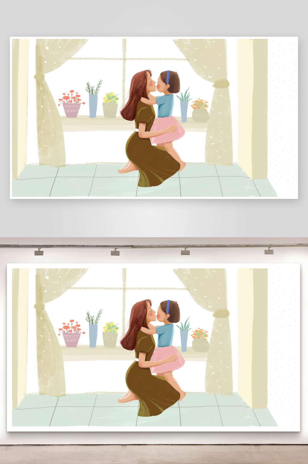 家中妈妈和孩子拥抱插画背景素材