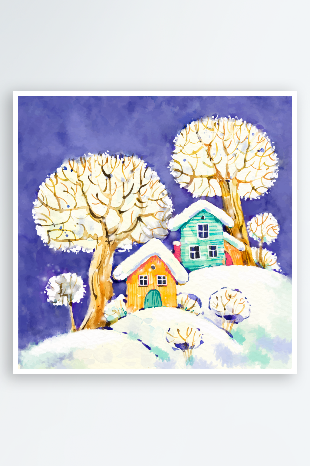雪夜中的静谧林间小屋素材