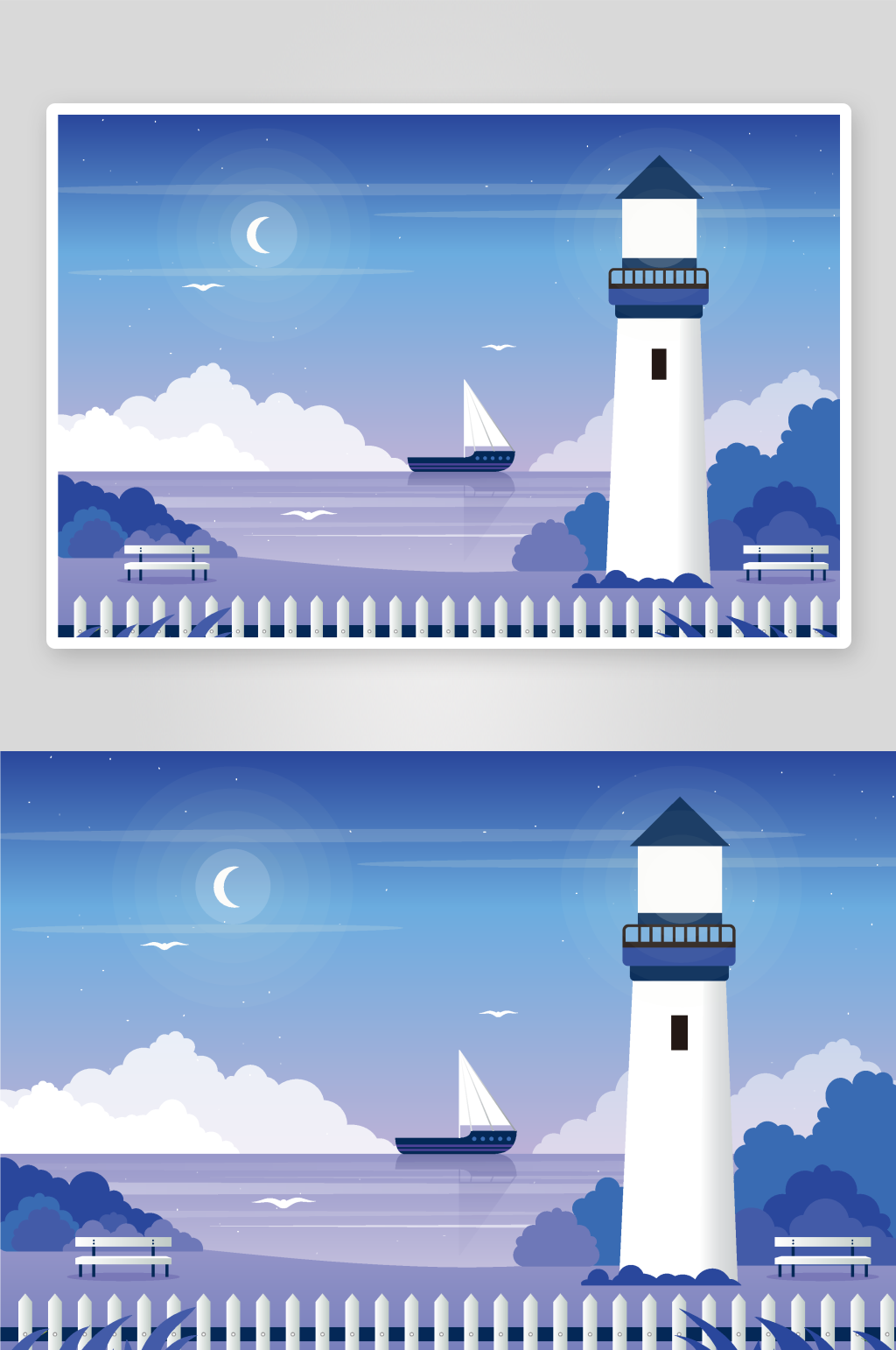 海边灯塔夜景与航行船只素材