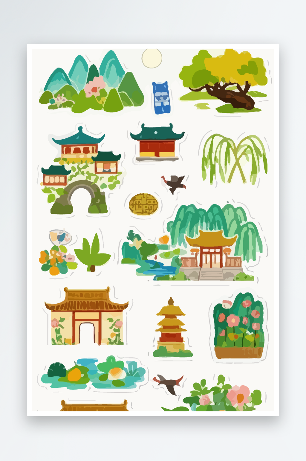 古建筑杨柳矢量插画图形素材