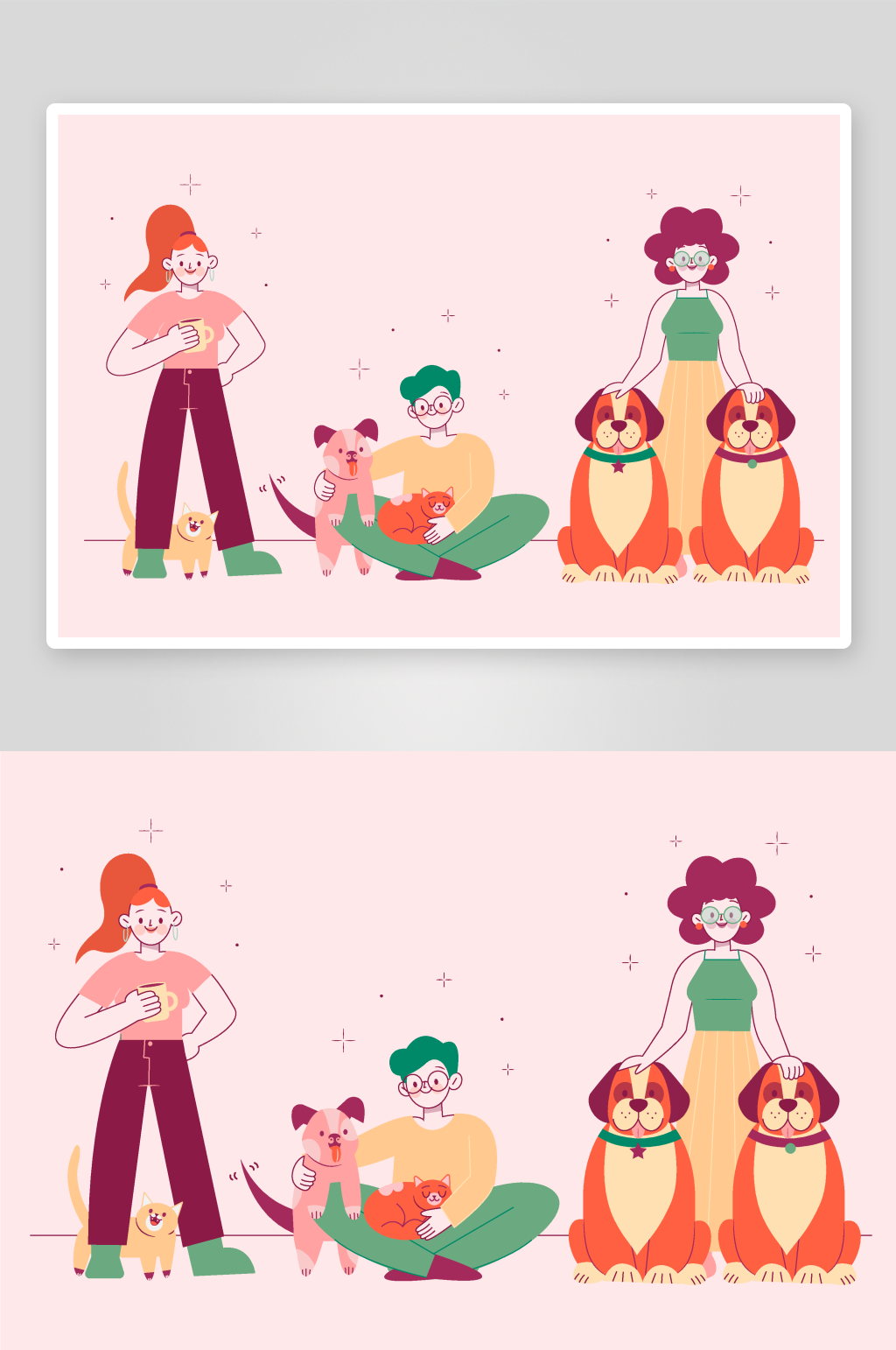 可爱宠物与家人卡通插画素材